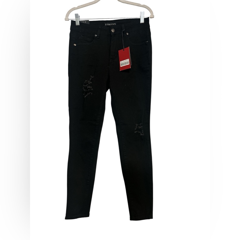 Pasion Jeans Juniors Size 5 Long Black Distressed Skinny High Rise (365)